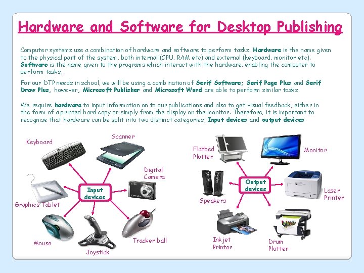 Hardware and Software for Desktop Publishing Computer systems use a combination of hardware and