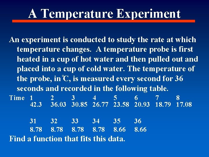 A Temperature Experiment An experiment is conducted to study the rate at which temperature