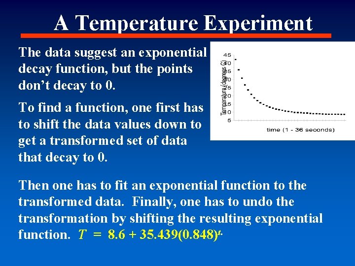 A Temperature Experiment The data suggest an exponential decay function, but the points don’t