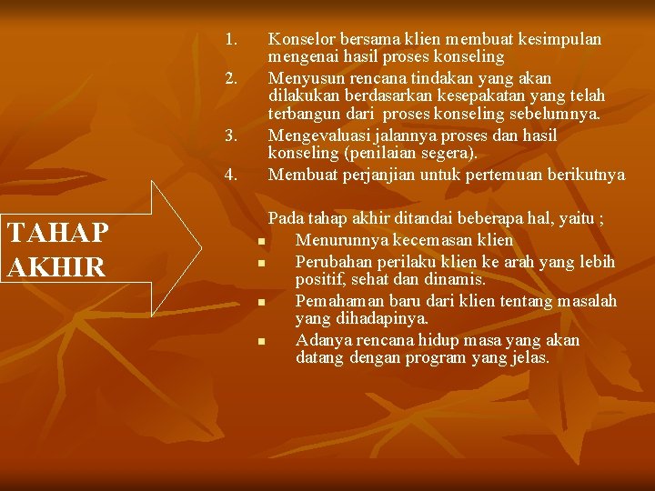 1. 2. 3. 4. TAHAP AKHIR Konselor bersama klien membuat kesimpulan mengenai hasil proses