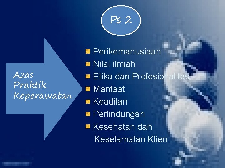 Ps 2 Azas Praktik Keperawatan Perikemanusiaan Nilai ilmiah Etika dan Profesionalitas Manfaat Keadilan Perlindungan