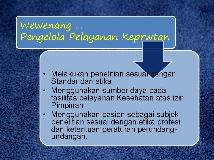 Wewenang … Pengelola Pelayanan Keprwtan • Melakukan penelitian sesuai dengan Standar dan etika •