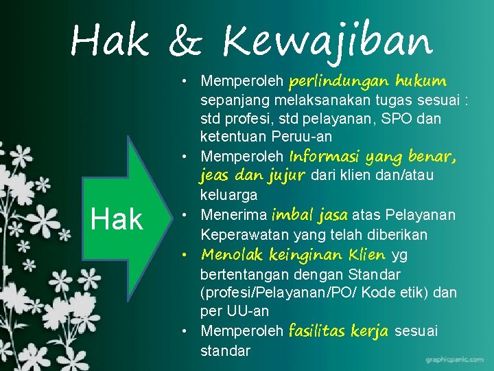 Hak & Kewajiban Hak • Memperoleh perlindungan hukum sepanjang melaksanakan tugas sesuai : std