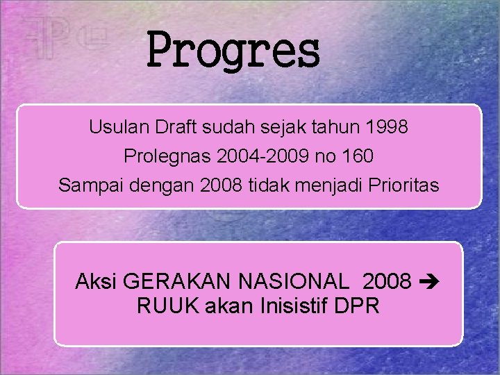 Progres Usulan Draft sudah sejak tahun 1998 Prolegnas 2004 -2009 no 160 Sampai dengan