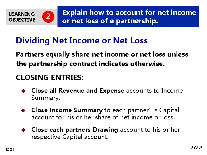 LEARNING OBJECTIVE 2 Explain how to account for net income or net loss of