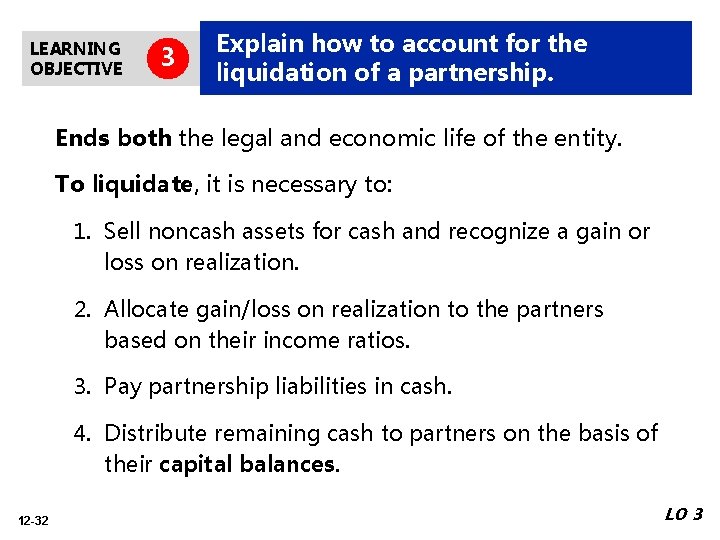 LEARNING OBJECTIVE 3 Explain how to account for the liquidation of a partnership. Ends