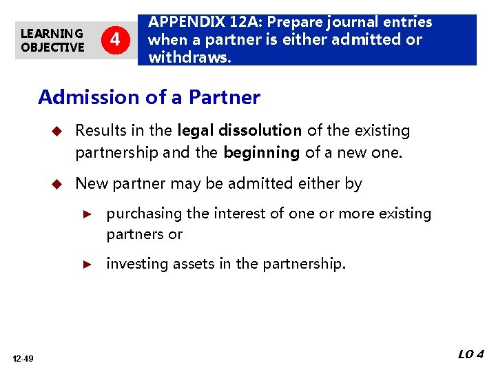 LEARNING OBJECTIVE 4 APPENDIX 12 A: Prepare journal entries when a partner is either