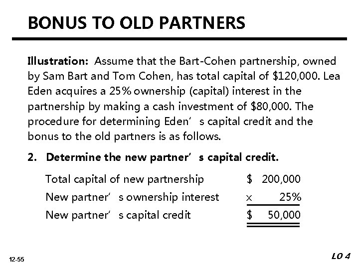 BONUS TO OLD PARTNERS Illustration: Assume that the Bart-Cohen partnership, owned by Sam Bart