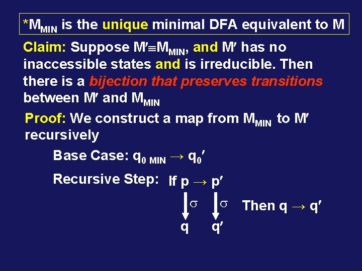 *MMIN is the unique minimal DFA equivalent to M Claim: Suppose M MMIN, and