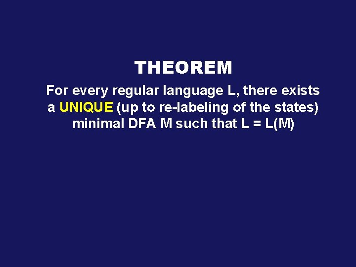 THEOREM For every regular language L, there exists a UNIQUE (up to re-labeling of