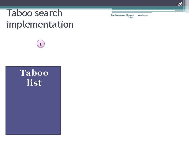 26 Taboo search implementation 1 Taboo list Joint Advanced Students School 12/1/2020 