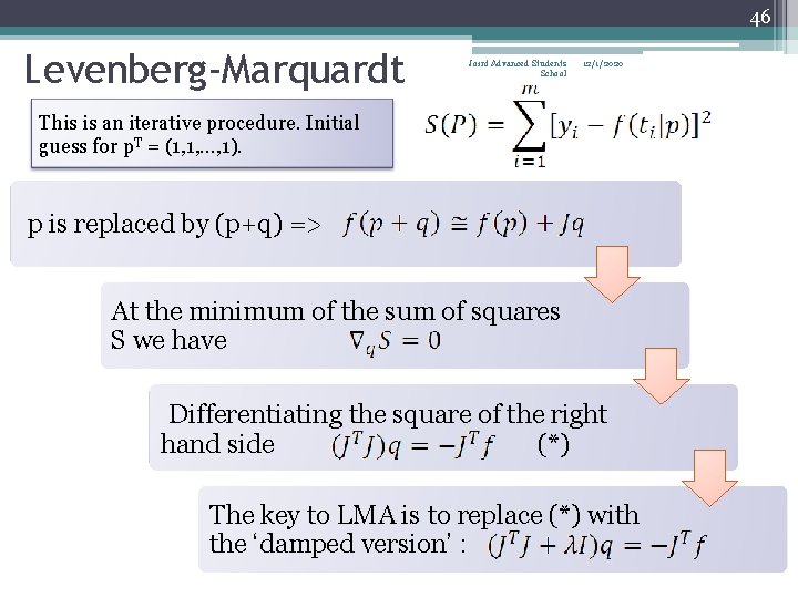 46 Levenberg-Marquardt Joint Advanced Students School 12/1/2020 This is an iterative procedure. Initial guess