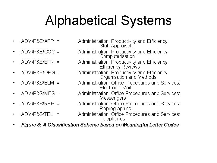 Alphabetical Systems • • • ADM/P&E/APP = Administration: Productivity and Efficiency: Staff Appraisal ADM/P&E/COM