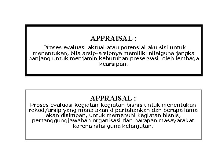 APPRAISAL : Proses evaluasi aktual atau potensial akuisisi untuk menentukan, bila arsip-arsipnya memiliki nilaiguna