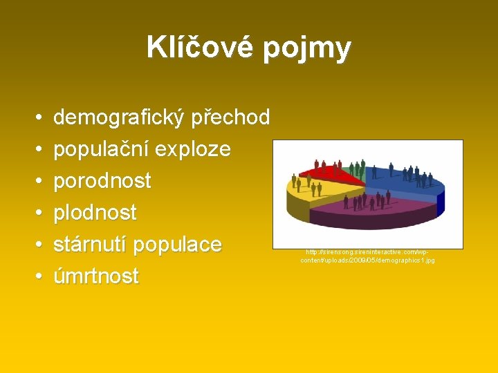 Klíčové pojmy • • • demografický přechod populační exploze porodnost plodnost stárnutí populace úmrtnost