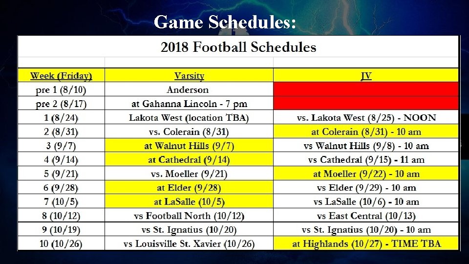 Game Schedules: 