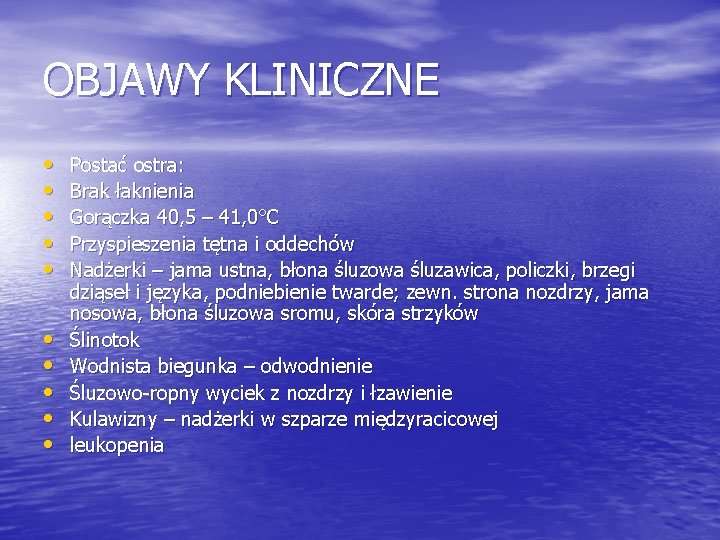 OBJAWY KLINICZNE • • • Postać ostra: Brak łaknienia Gorączka 40, 5 – 41,