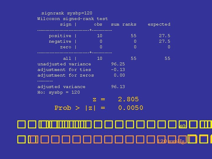 . signrank sysbp=120 Wilcoxon signed-rank test sign | obs sum ranks -----------------+------positive | 10