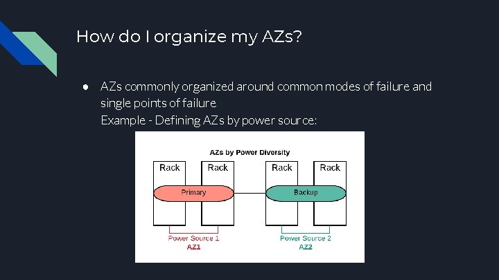 How do I organize my AZs? ● AZs commonly organized around common modes of