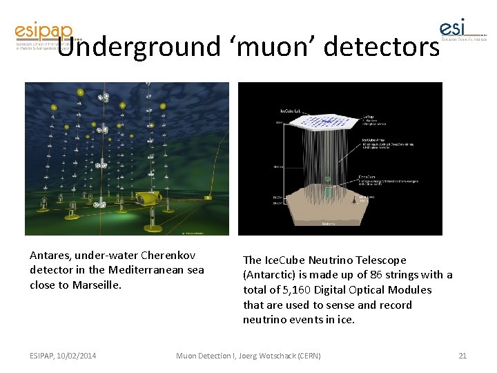 Underground ‘muon’ detectors Antares, under-water Cherenkov detector in the Mediterranean sea close to Marseille.
