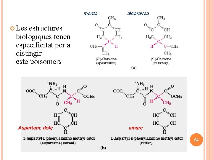 menta alcaravea Les estructures biològiques tenen especificitat per a distingir estereoisòmers Aspartam: dolç amarc