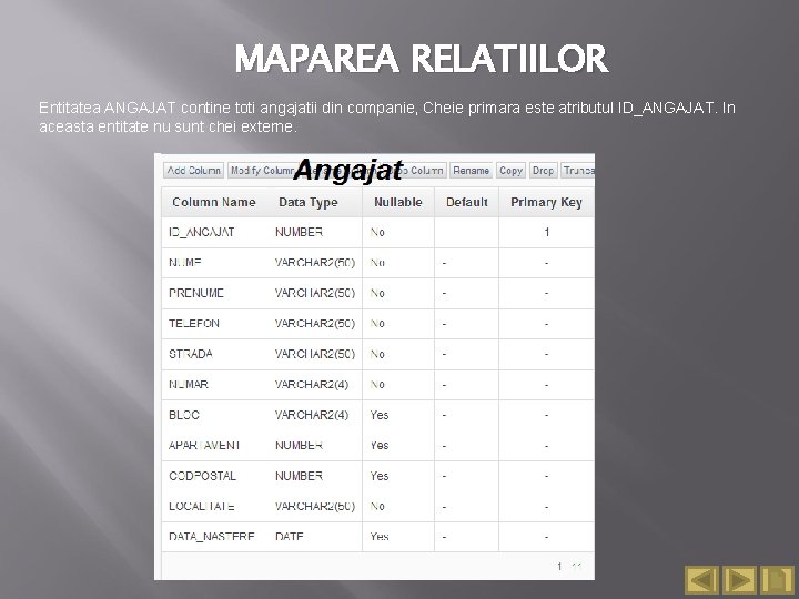 MAPAREA RELATIILOR Entitatea ANGAJAT contine toti angajatii din companie, Cheie primara este atributul ID_ANGAJAT.