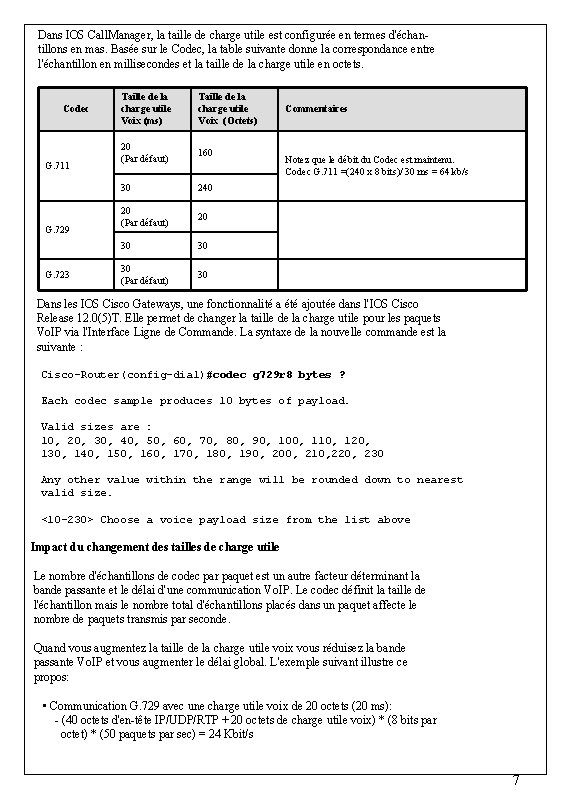 Dans IOS Call. Manager, la taille de charge utile est configurée en termes d'échantillons