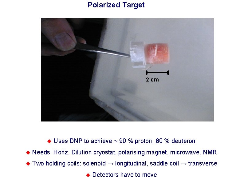 Polarized Target 2 cm Uses DNP to achieve ~ 90 % proton, 80 %