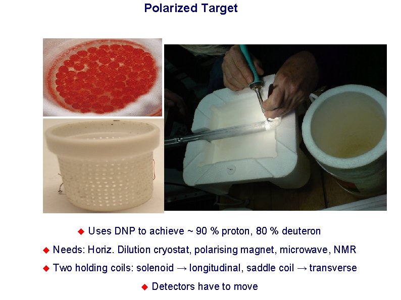 Polarized Target Uses DNP to achieve ~ 90 % proton, 80 % deuteron Needs: