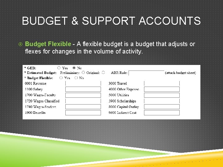 BUDGET & SUPPORT ACCOUNTS Budget Flexible - A flexible budget is a budget that