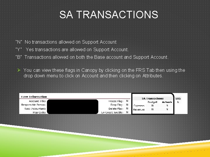 SA TRANSACTIONS “N” No transactions allowed on Support Account “Y” Yes transactions are allowed