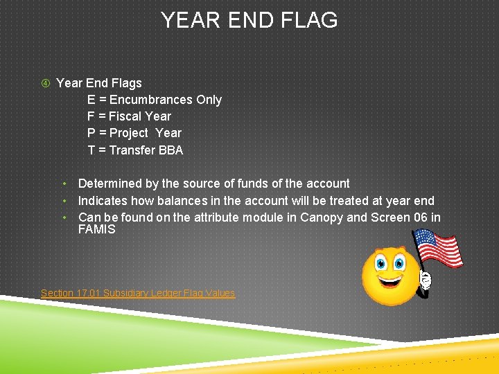 YEAR END FLAG Year End Flags E = Encumbrances Only F = Fiscal Year