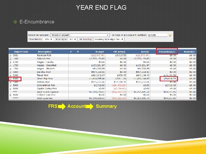 YEAR END FLAG E-Encumbrance FRS Account Summary 