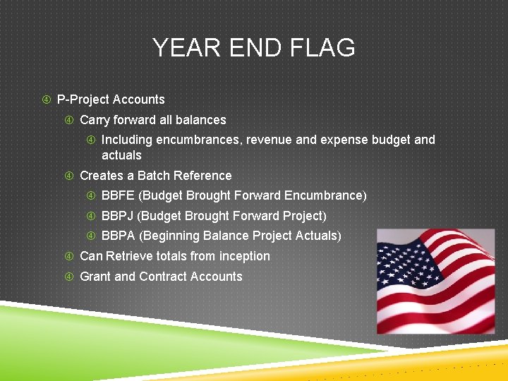 YEAR END FLAG P-Project Accounts Carry forward all balances Including encumbrances, revenue and expense