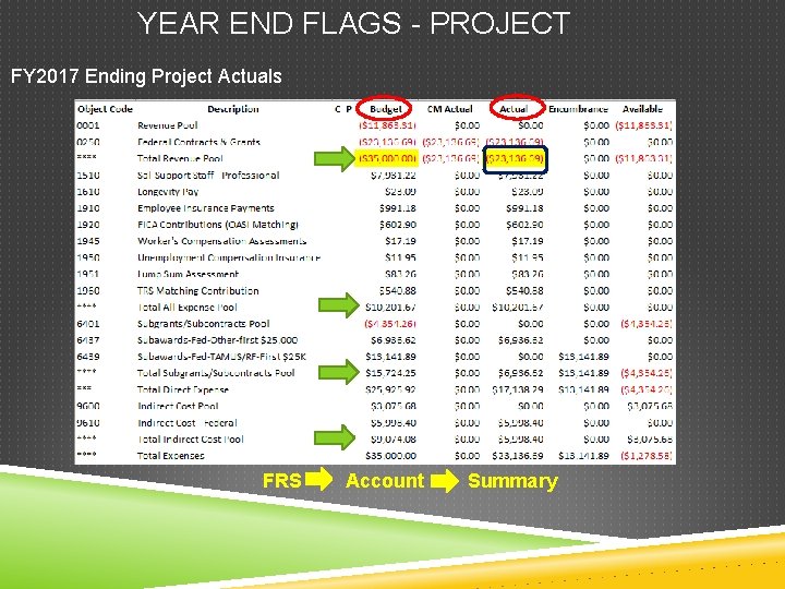YEAR END FLAGS - PROJECT FY 2017 Ending Project Actuals FRS Account Summary 
