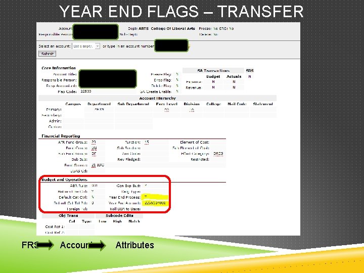 YEAR END FLAGS – TRANSFER FRS Account Attributes 