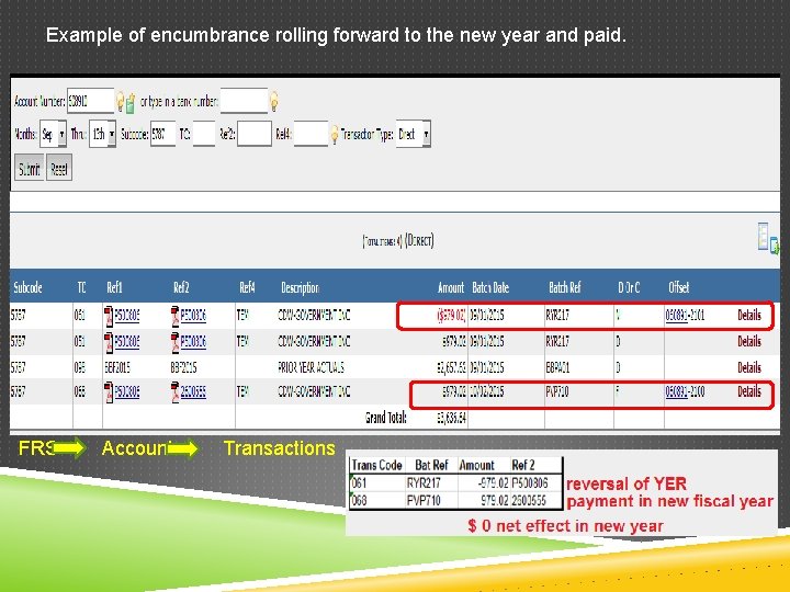 Example of encumbrance rolling forward to the new year and paid. FRS Account Transactions