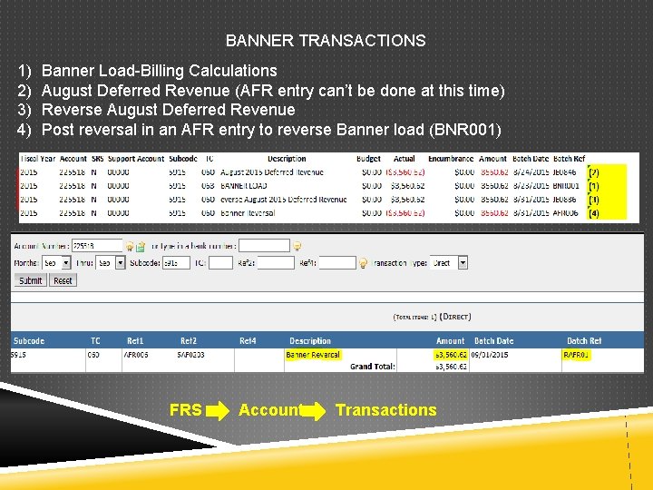 BANNER TRANSACTIONS 1) 2) 3) 4) Banner Load-Billing Calculations August Deferred Revenue (AFR entry