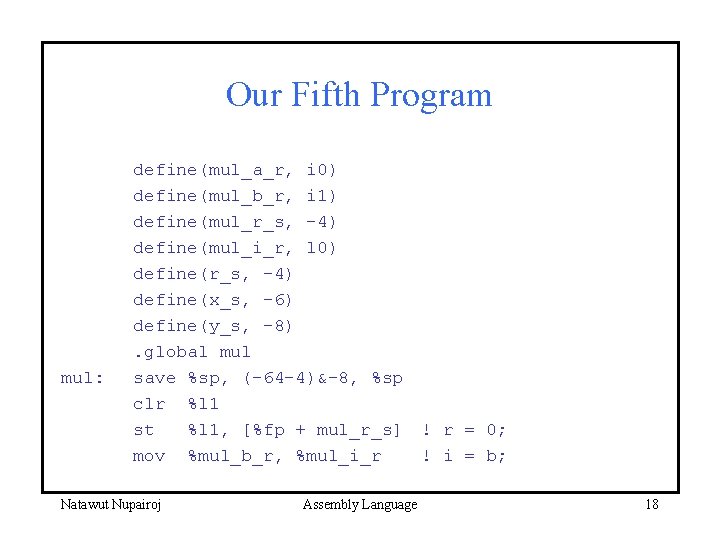 Our Fifth Program mul: define(mul_a_r, i 0) define(mul_b_r, i 1) define(mul_r_s, -4) define(mul_i_r, l