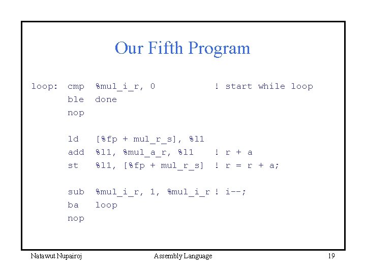Our Fifth Program loop: cmp ble nop %mul_i_r, 0 done ld add st [%fp