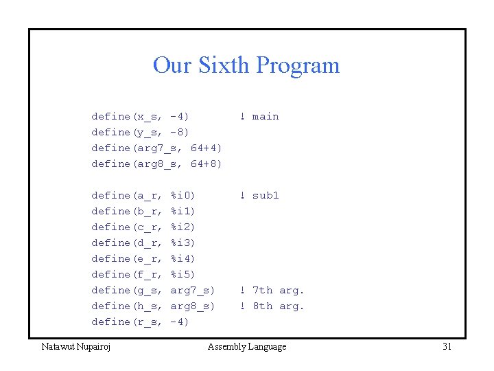 Our Sixth Program define(x_s, -4) define(y_s, -8) define(arg 7_s, 64+4) define(arg 8_s, 64+8) !