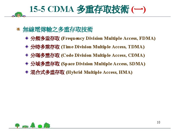 15 -5 CDMA 多重存取技術 (一) 無線電傳輸之多重存取技術 分頻多重存取 (Frequency Division Multiple Access, FDMA) 分時多重存取 (Time