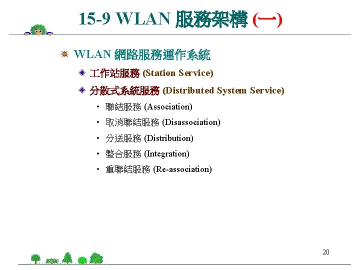 15 -9 WLAN 服務架構 (一) WLAN 網路服務運作系統 作站服務 (Station Service) 分散式系統服務 (Distributed System Service)