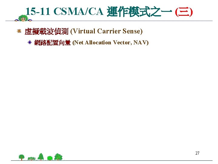 15 -11 CSMA/CA 運作模式之一 (三) 虛擬載波偵測 (Virtual Carrier Sense) 網路配置向量 (Net Allocation Vector, NAV)