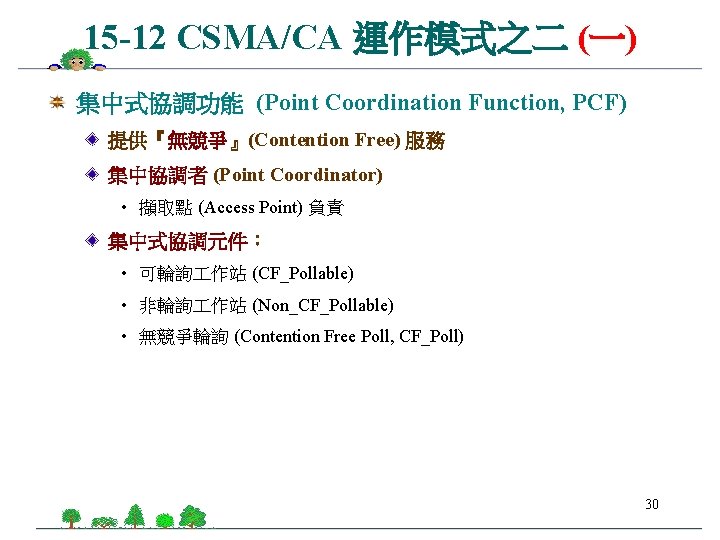 15 -12 CSMA/CA 運作模式之二 (一) 集中式協調功能 (Point Coordination Function, PCF) 提供『無競爭』(Contention Free) 服務 集中協調者