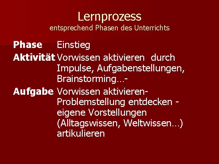 Lernprozess entsprechend Phasen des Unterrichts Phase Einstieg Aktivität Vorwissen aktivieren durch Impulse, Aufgabenstellungen, Brainstorming…-