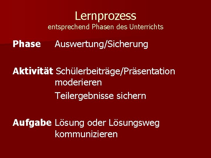 Lernprozess entsprechend Phasen des Unterrichts Phase Auswertung/Sicherung Aktivität Schülerbeiträge/Präsentation moderieren Teilergebnisse sichern Aufgabe Lösung