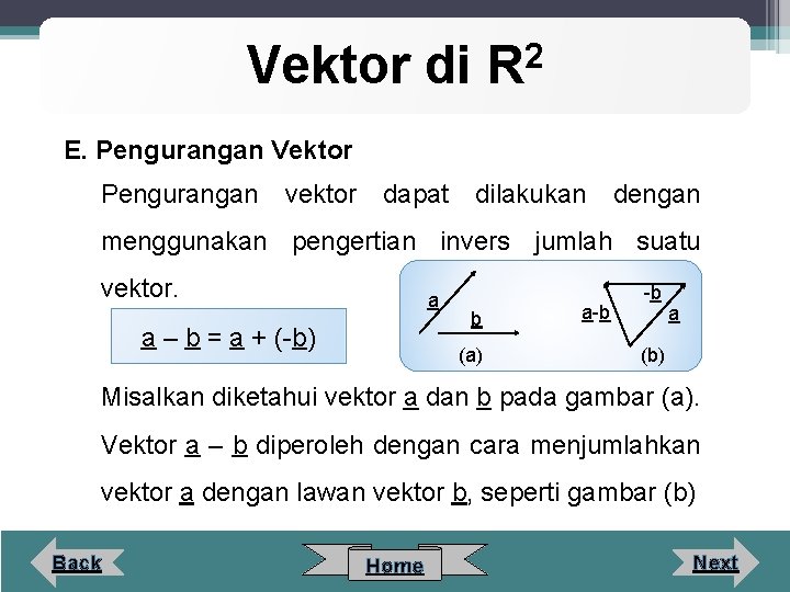 2 R Vektor di E. Pengurangan Vektor Pengurangan vektor dapat dilakukan dengan menggunakan pengertian