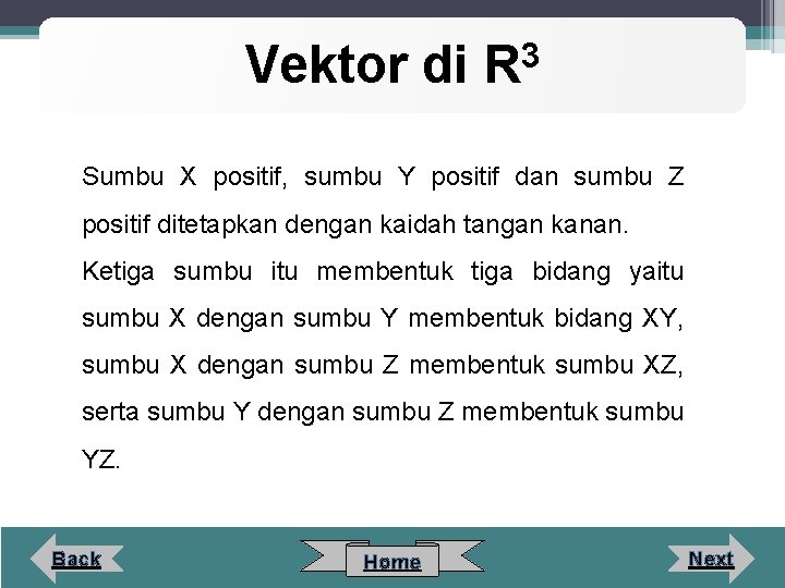 Vektor di 3 R Sumbu X positif, sumbu Y positif dan sumbu Z positif