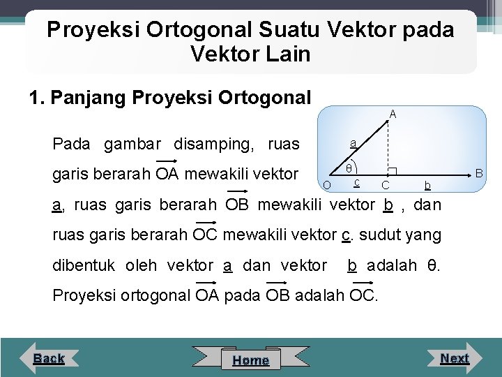Proyeksi Ortogonal Suatu Vektor pada Vektor Lain 1. Panjang Proyeksi Ortogonal A Pada gambar